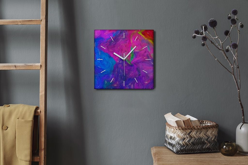 Coloray Hodiny Unikátní 30x30 cm Tiché hodiny Pro obývací pokoj a kuchyň Nástěnné hodiny Plátno Bílé ručičky hodin - fialové shrnutí