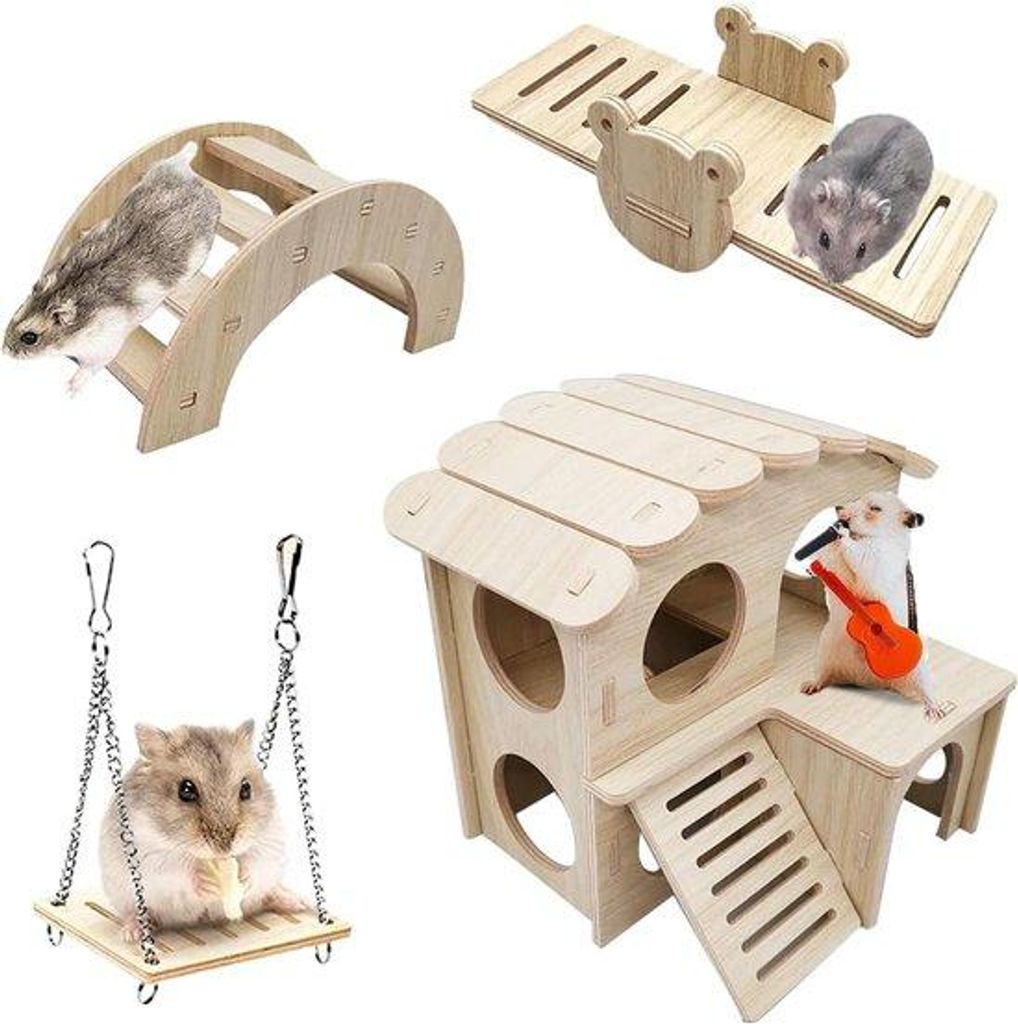 Holzspielzeug-Set für Kleintiere, Haus, Schaukel, Brücke