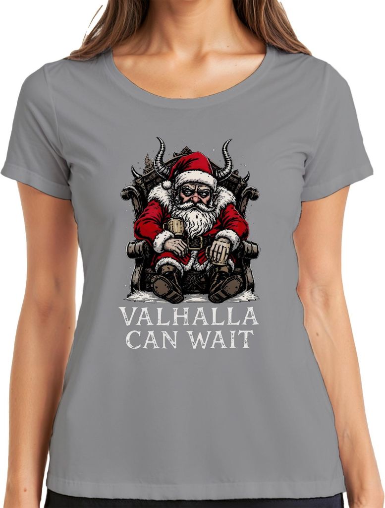 Valhalla Can Wait Wikinger Weihnachtsmann Bart Thron Bier Retro Damen T-Shirt, Grau, L