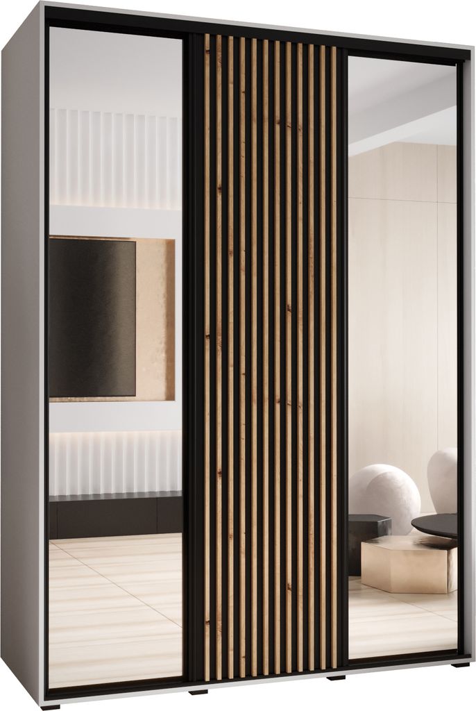 MEBLE KRYSPOL Lanko 2 Schrank mit 3 Schiebetüren - 235,2x180x60 cm - Weiß Schwarz Artisan