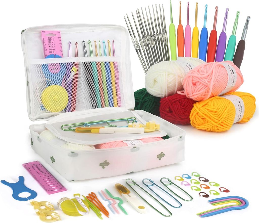 Häkelset 59-teilig – Komplettes Starter-Kit mit Garn, Ergonomischen Nadeln & Organizer, Perfekt für Anfänger & Geschenkideen
