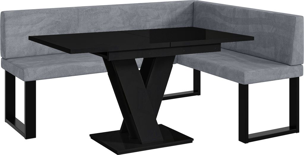 MEBLINI Eckbank für Esszimmer mit ausziehbarem Tisch - Küchenbank - Essecke - Sitzecke Küche - TONI - U-Beine 128x168x87cm Rechts - Grau Samt/M ...