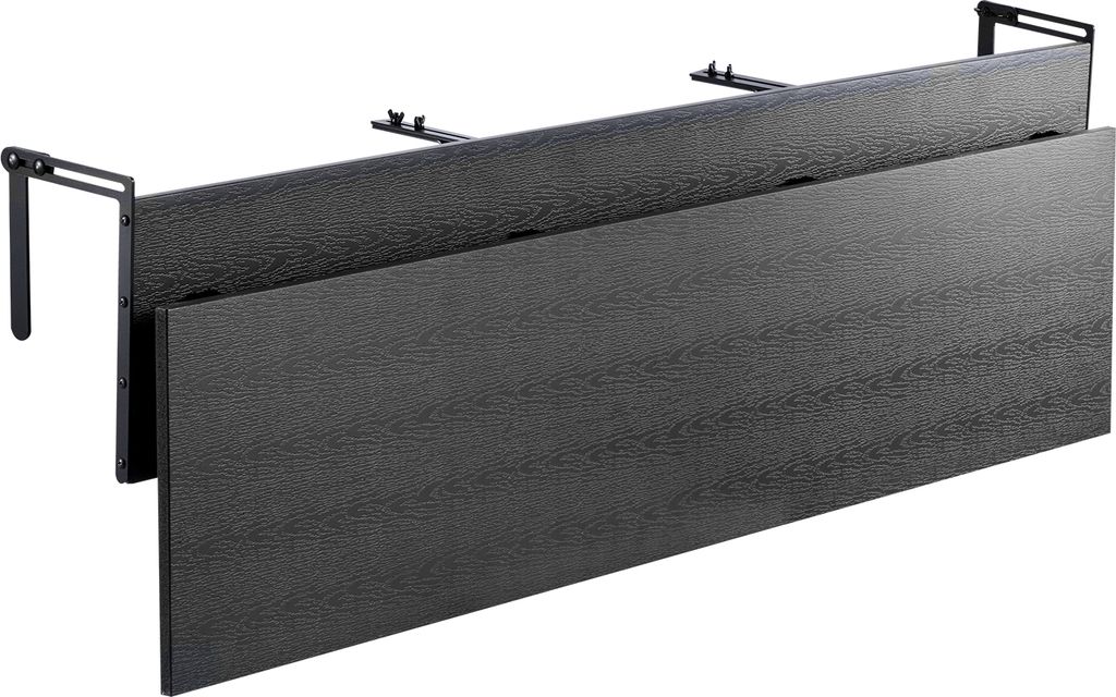 Two black wooden planks are attached to black metal brackets, angled to show their surface texture.