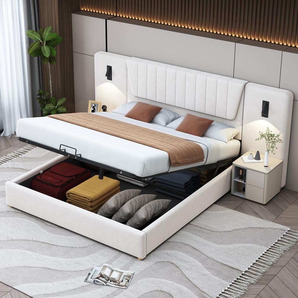 Polsterbett 180x200cm, Leselampe mit verstellbarer Richtung, Mit USB-Ladeanschluss, Hydraulisches Stauraumbett, Doppelbett, Beige