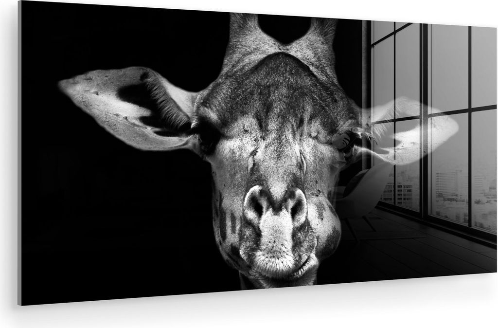 MuchoWow Glasbilder - Bilder auf Wandbild - Foto auf Glas Giraffe - Porträt - Tiere - Schwarz - Weiß 120x60 cm Wanddekoration aus Glas - Acrylgla...