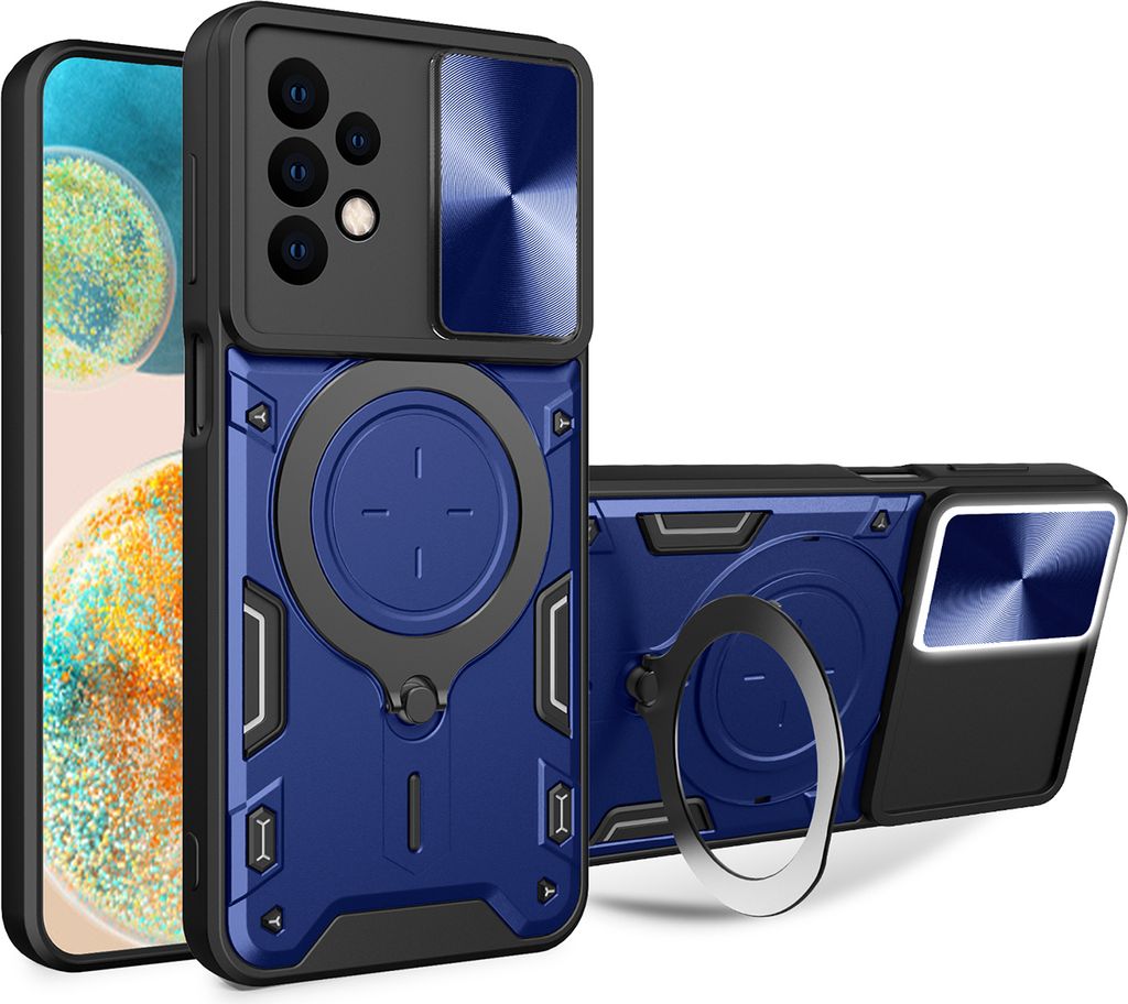 Handyhülle für Samsung Galaxy A13 4G Dual-Layer Stoßfest Rüstung Hülle mit Dia Kameraschutz und Kreisförmig Ring Ständer Blau