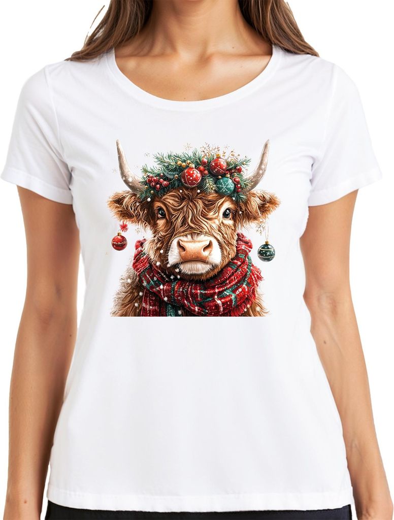Weihnachtskuh Highland Kuh Kranz Kugeln Schal Winter Geschenk Damen T-Shirt, Weiß, XXL