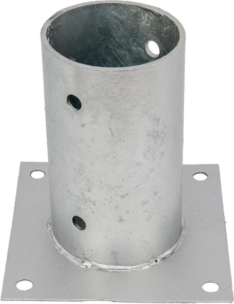 A galvanized steel post base with a square flange and a cylindrical socket, featuring pre-drilled holes.