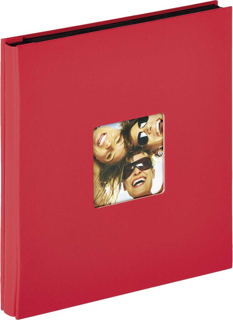 A red photo album with a small window showing three people.