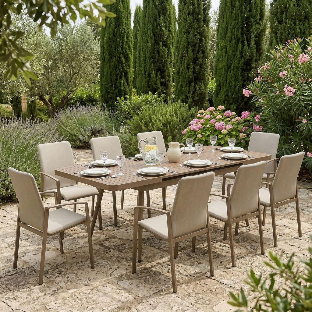 Gartenmöbel Set SUNNY/VERANO mit 8 Stühlen, Champagner - Ausziehbarer Gartentisch bis 200 cm, stapelbare Stühle, wetterfest & UV-beständig, pfl...