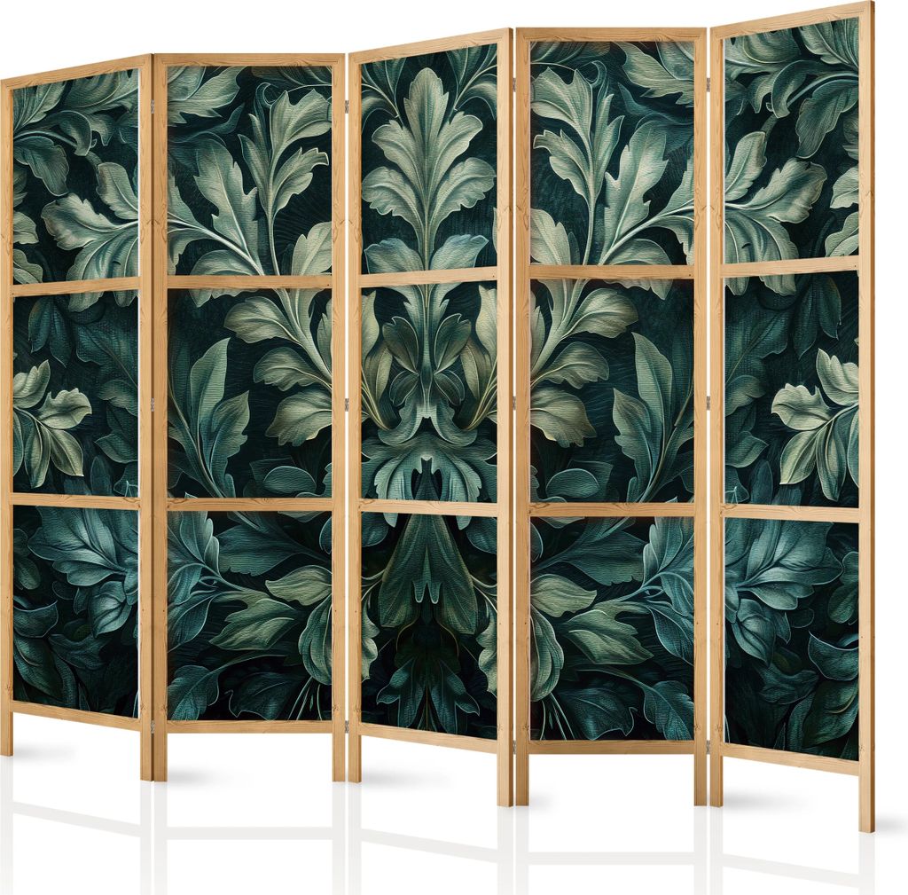 A five-panel room divider with a dark green botanical leaf pattern and a light wood frame, shown against a white background.
