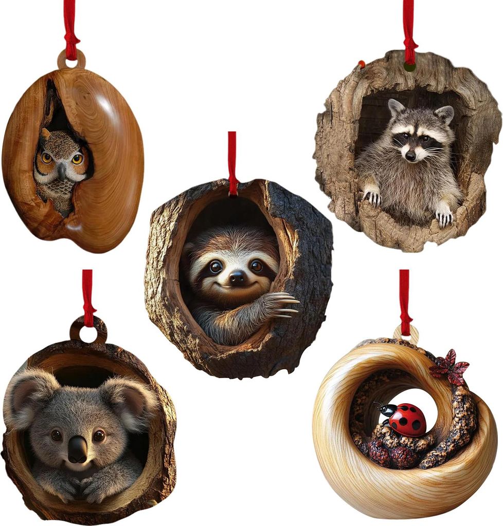 5-teiliges Set Weihnachtstier-Anhänger aus 2D-Acryl: Niedliche Wildtiere wie Waschbär, Eule, Eichhörnchen, Igel, Vogel, Baumhöhle, Holzstruktur...