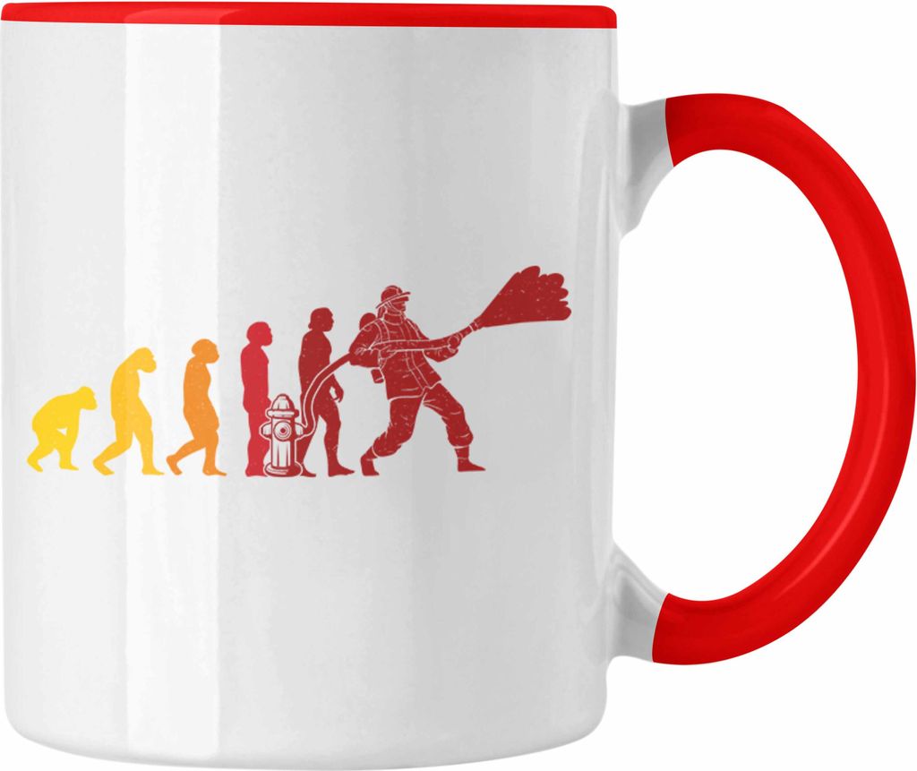 Trendation - Feuerwehr Geschenk Tasse Feuerwehrmann Vater Vatertag Spruch Evolution (Rot)