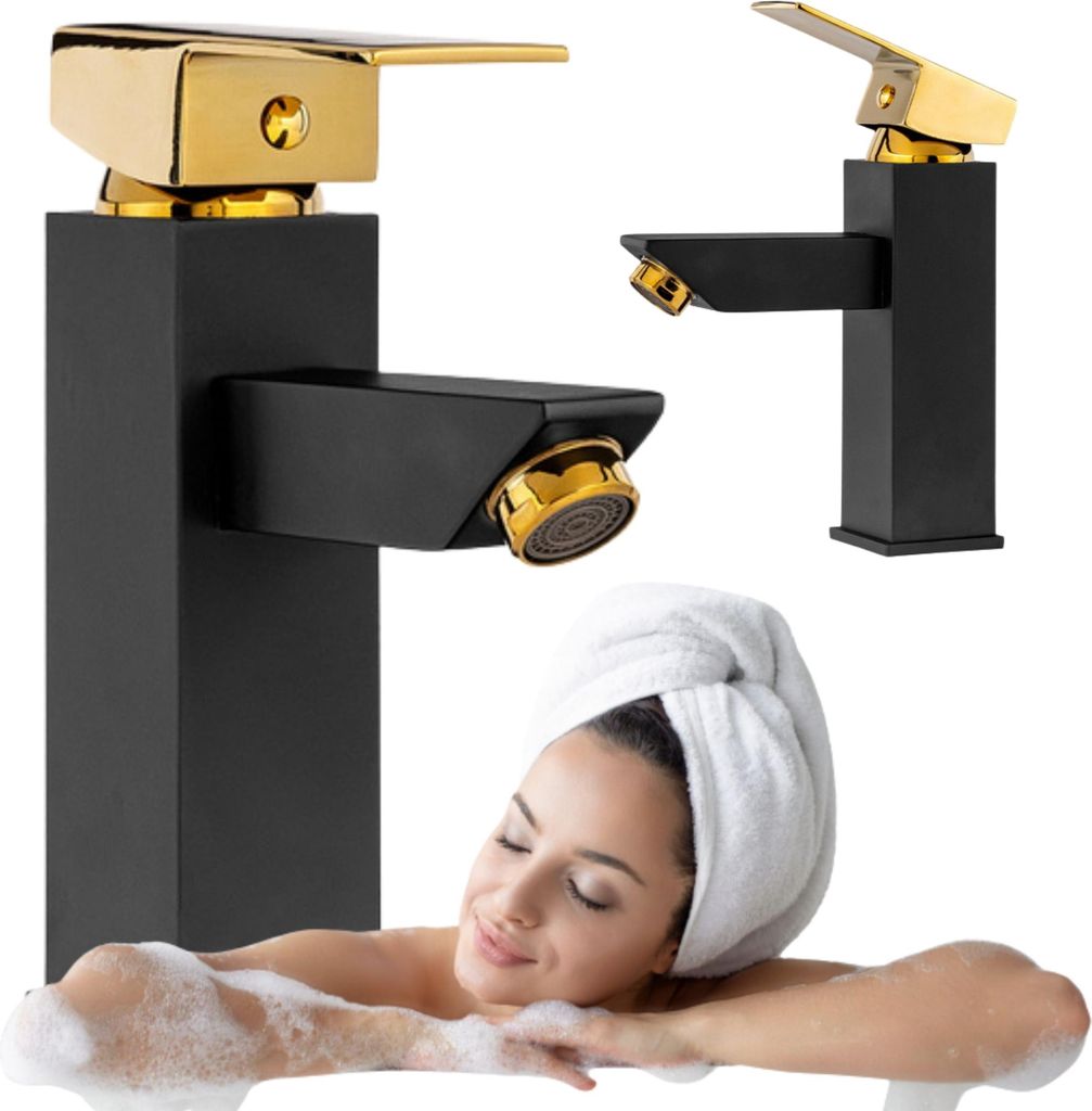 Silla | Wasserhahn Bad - Waschtischarmatur - Schwarz & Gold - 17,5 cm Höhe - Badarmatur