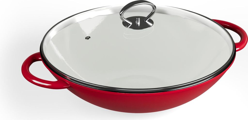 ToCi Wok-Pfanne aus Gusseisen, Emaillierte Pfanne & Wok, Große & Tiefe Beschichtete Pfanne, Wokpfanne mit Deckel & Griffen, Antihaft- für Indukti...