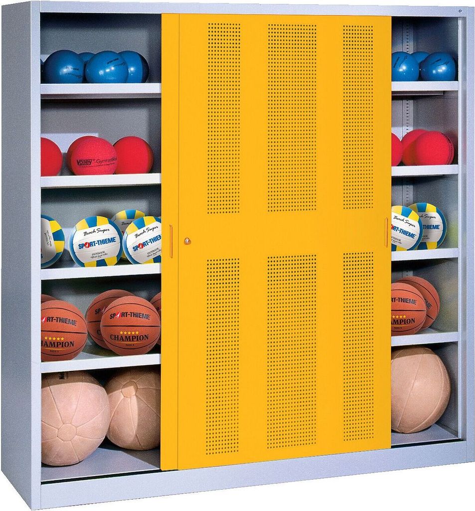 C+P Ballschrank mit Lochblech-Schiebetüren (Typ 4), HxBxT 195x190x60 cm, Verkehrsgelb (RAL 1023), Anthrazit (RAL 7021), Einzelschließung