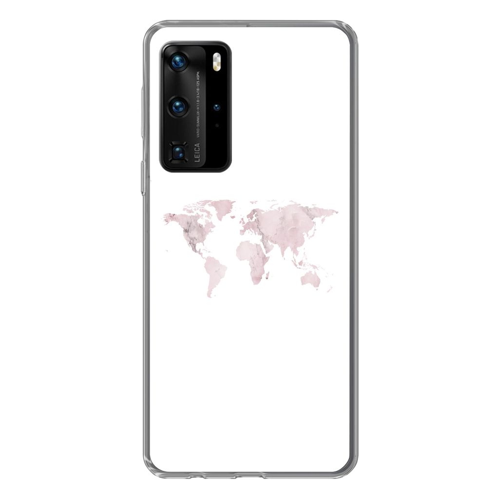MuchoWow Handyhülle Schutzhülle Hülle für Huawei P40 Pro Weltkarte - Marmor - Rosa Silikon Softcase Handy Hülle - Schutz