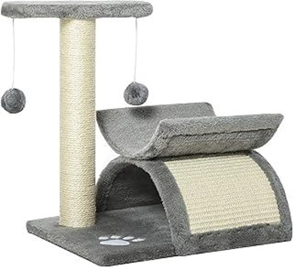 PawHut Tiragraffi 43 cm Piccolo tiragraffi per gatti con tunnel, superficie di appoggio a forma di U, tiragraffi con tavola per graffiare, pallina da gioco, mobile per gatti di piccola taglia, grigio chiaro