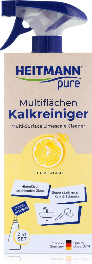 Heitmann pure Multiflächen Kalkreiniger Flasche mit Pulver Produktbild 
