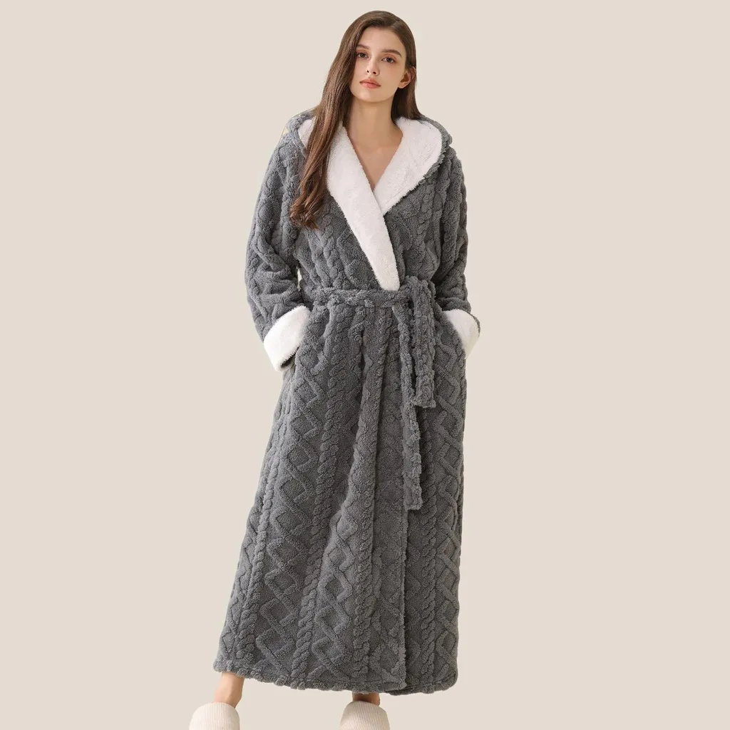 Accogliente accappatoio di flanella con cappuccio per donne e uomini - Extra caldo e lungo, Colore: Grigio, Taglia: M