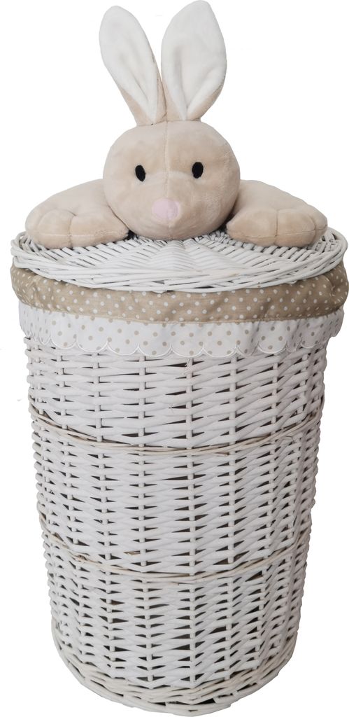 A white wicker laundry basket with a lid and a plush bunny toy on top.