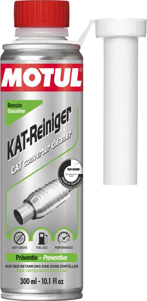 A can of Motul KAT-Reiniger (catalytic converter cleaner) with its attached white tube.