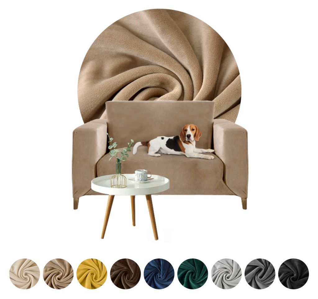 Elastischer Velours-Bezug für 1-Sitzer Sofa, Couch oder Schlafsofa in Kamel – Schonbezug