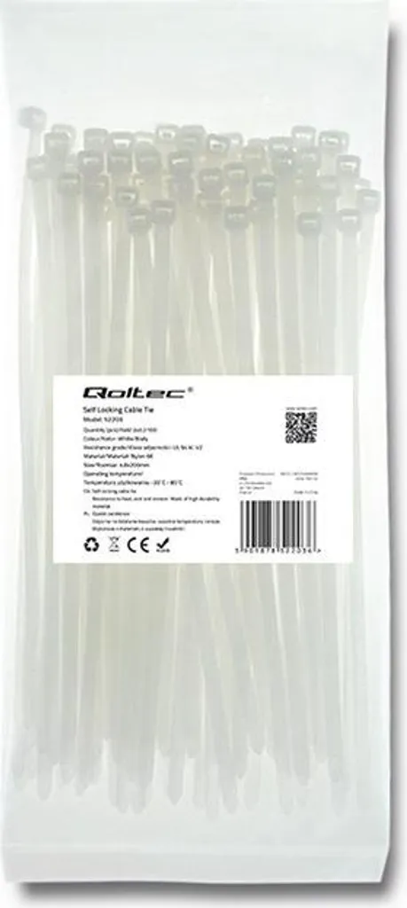Fascette Qoltec | 4,8*200mm | 100 pezzi | Nylon66 | UV | Bianco