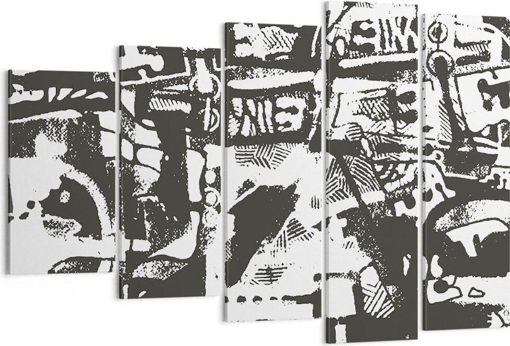 Bild auf Leinwand - Leinwandbild - 5 Teile - Schwarzweiß Figuren Abstraktion - 150x100cm - Wand Bild - Wanddeko - Wandbilder - Leinwanddruck - Bil...