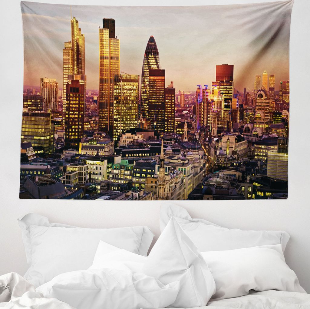 ABAKUHAUS New York Wandteppich, Global City Sunset aus Weiches Mikrofaser Stoff Waschbar ohne Verblassen Digitaldruck, 150 x 110 cm, Mehrfarbig