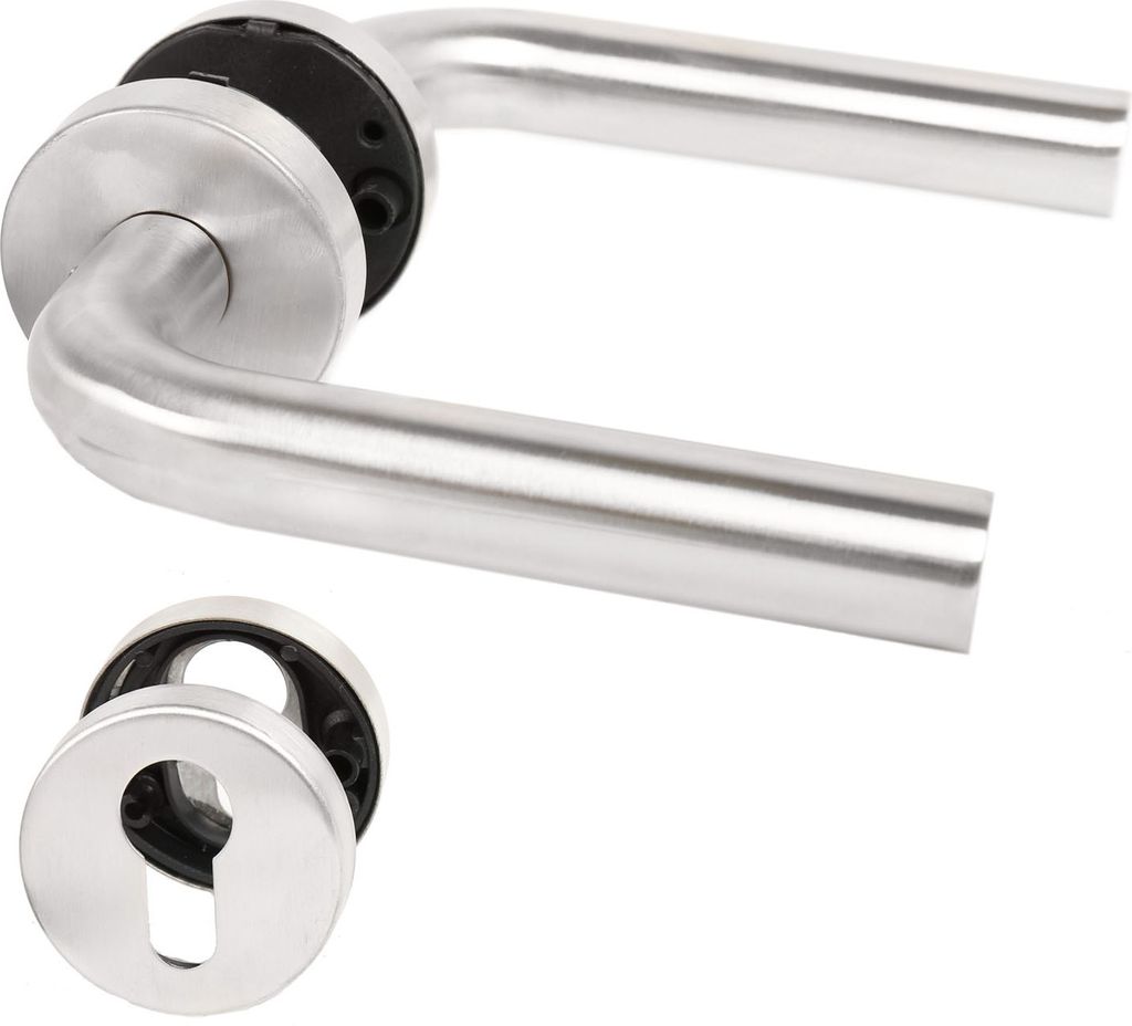 A pair of stainless steel door handles and a keyhole escutcheon on a white background.