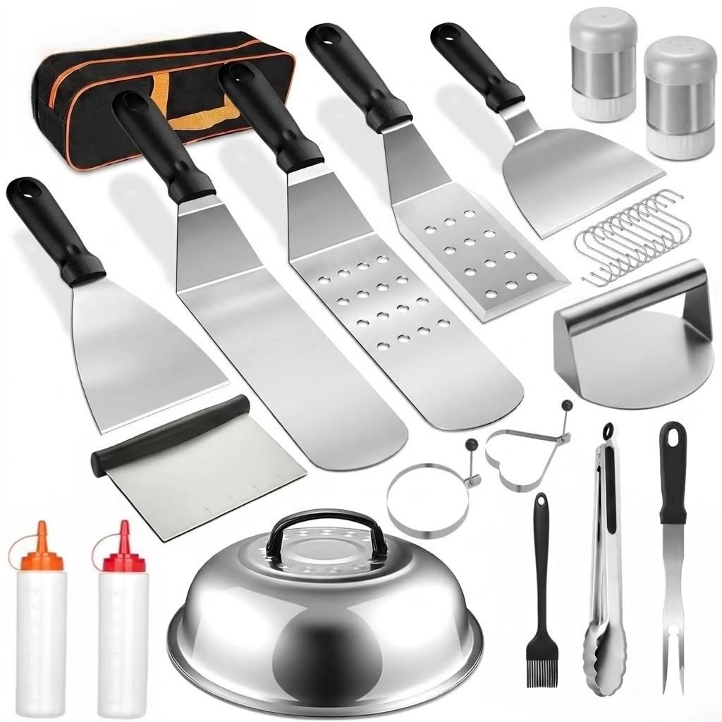 28tlg Grillset Edelstahl 1,5mm Profi Spatel Garhaube Tasche Grillzubehör