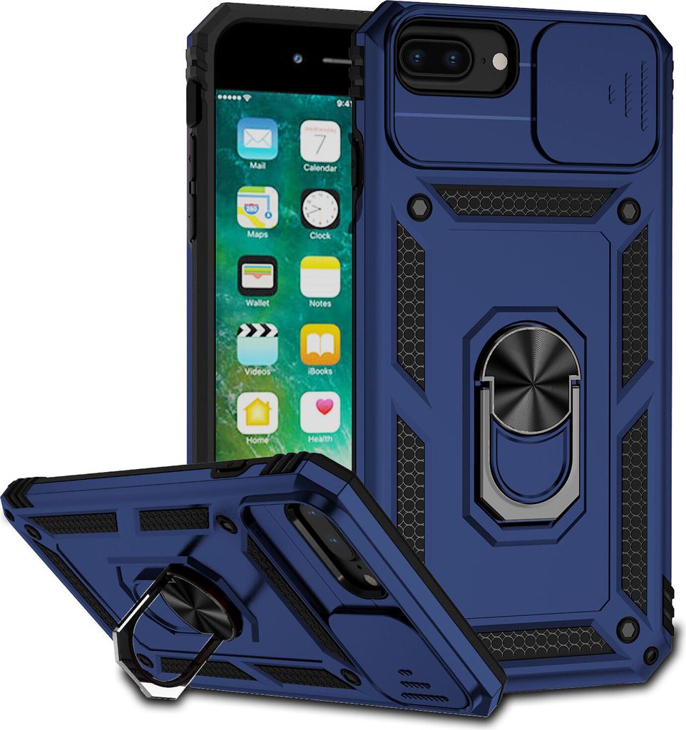 iPhone 8 Plus Hülle mit Schiebe Kamera Schutz und Ringhalter Ständer Robust Rüstung Schutzhülle für iPhone 8 Plus/7 Plus/6 Plus/6s Plus Blau