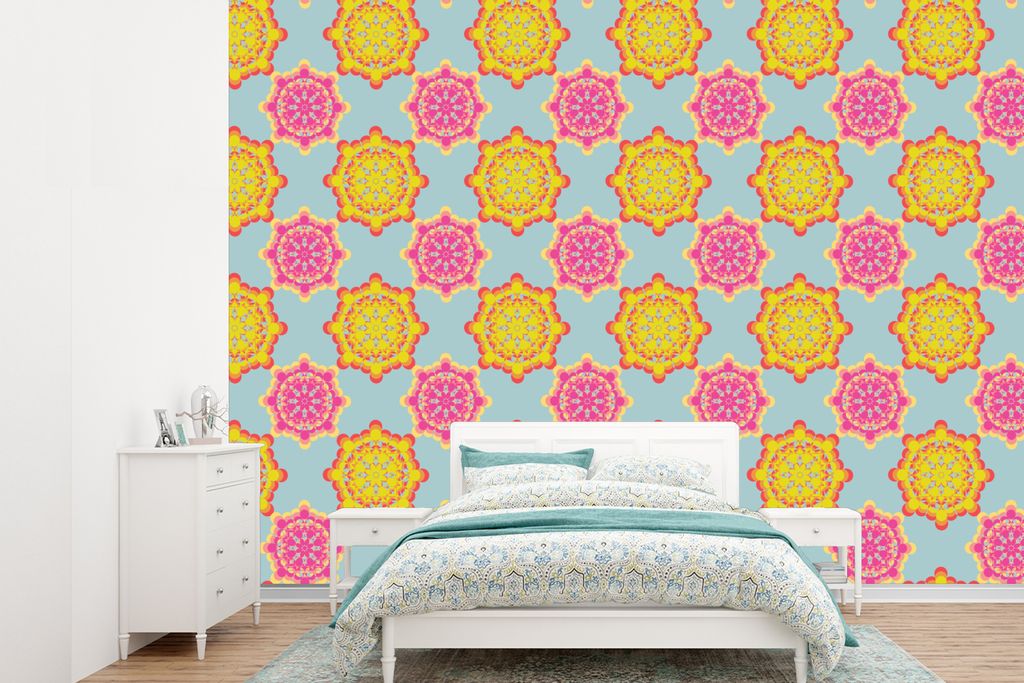 MuchoWow Fototapete für Wohnzimmer oder Schlafzimmer Wandtapete Vinyl Motivtapete Flower Power - Design - Hippie - 305x220 cm - Wandbilder