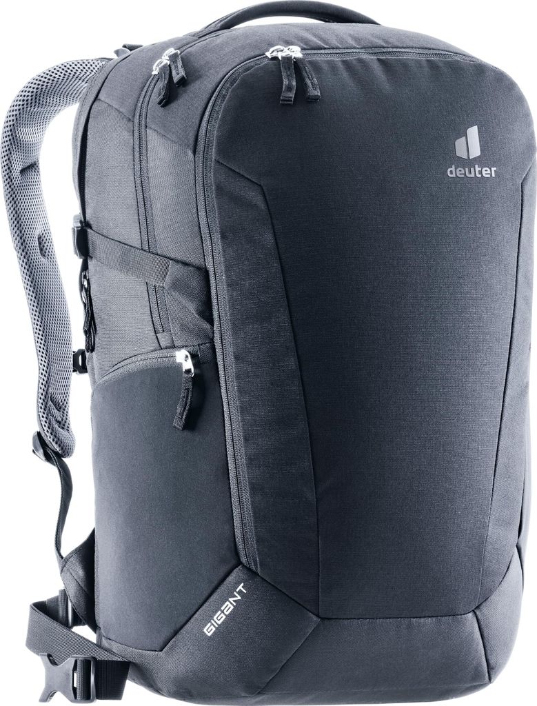 A dark gray Deuter backpack is shown from the front.