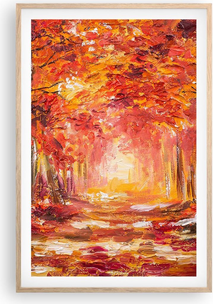 Gerahmtes Poster - Rahmen in heller Eiche - Herbst Wald Rot - 61x91,5 cm - Wand Bild - Wanddeko - Wandbilder - Kunstposter - Wandposter - Bilderrah...