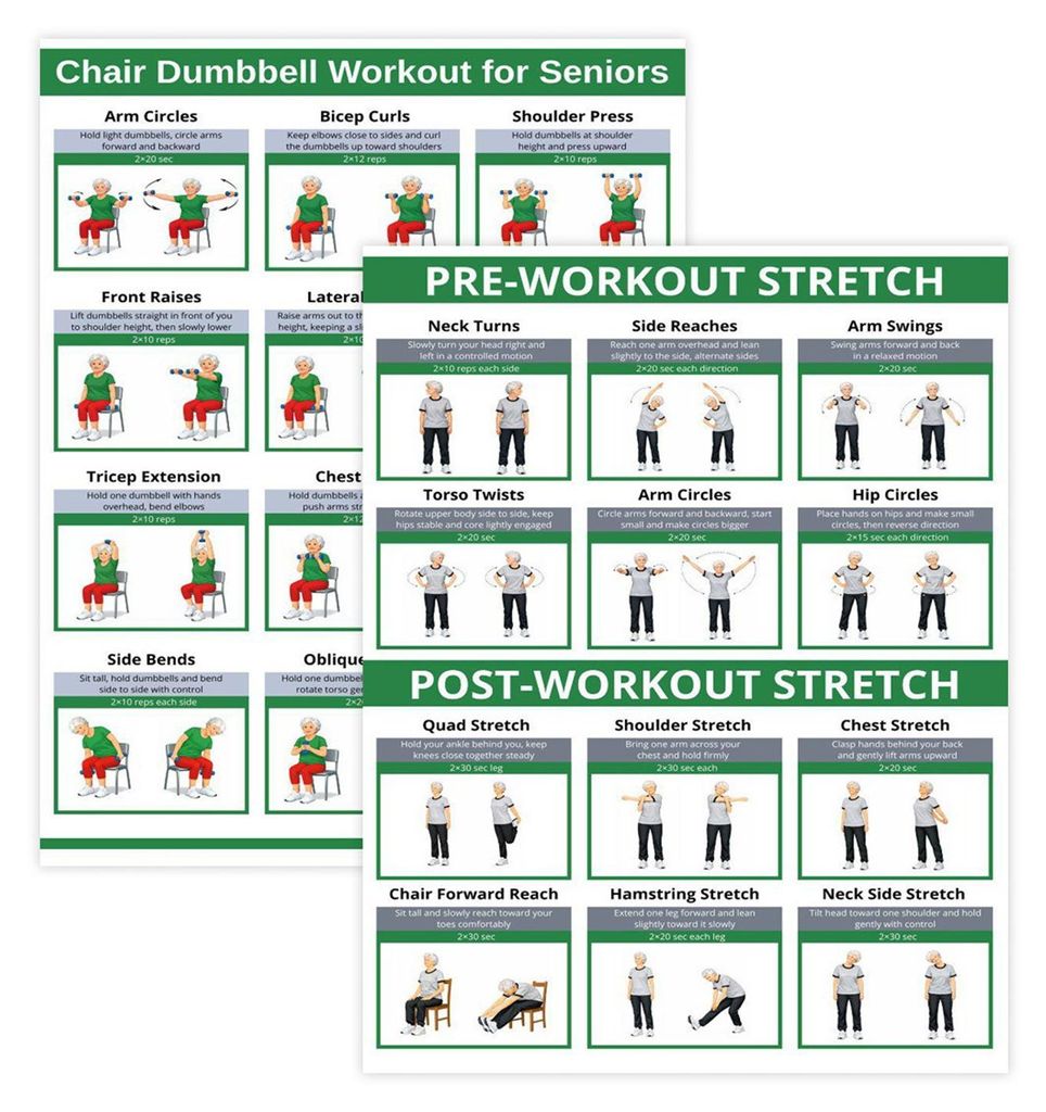 2er-Set Stuhl-Hantel-Trainingsposter für Senioren: Schonende Übungen im Sitzen mit einfachen Übungsreihen, Kraft- und Flexibilitätstraining fü...