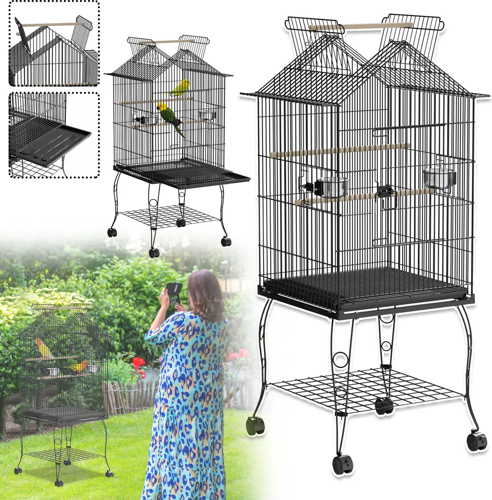 Volière Anti-Évasion avec Roulettes 55x55x145 cm - Cage Métal Sécurisée