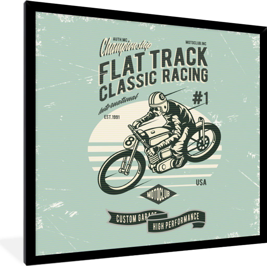 MuchoWow MuchoWow Gerahmtes Poster Motorrad - Rennen - Retro 40x40 cm - Poster mit zchwarzem Bilderrahmen - Mit Rahmen - Wanddekoration Schlafz...