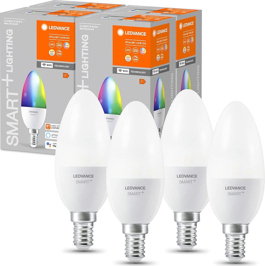 4 x Ledvance LED Smart+ Kerze 4,9W = 40W E14 Opal 470lm RGBW 2700K-6500K Dimmbar App Google Alexa WiFi
