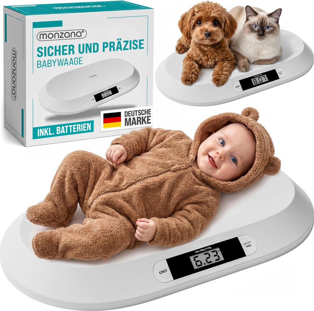 MONZANA Digitale Babywaage bis 20 kg Säuglingswaage mit Tara-Funktion - Große Liegefläche LCD-Display Stillwaage Holdfunktion Hunde & Katzen K...