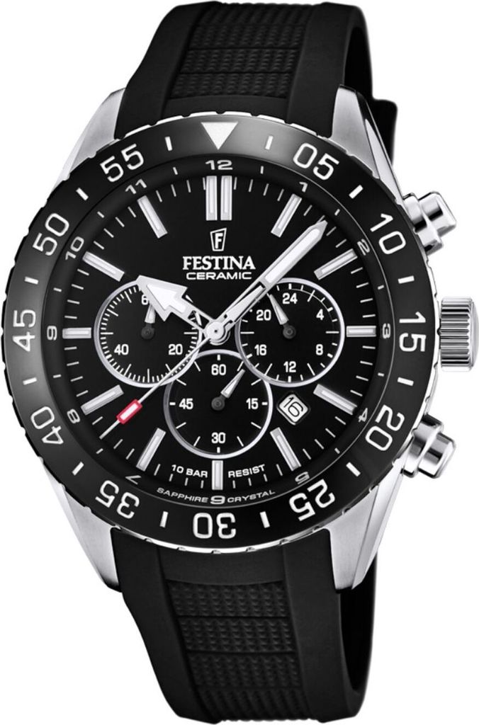 A close-up studio shot of a black Festina ceramic chronograph watch with a black rubber strap.