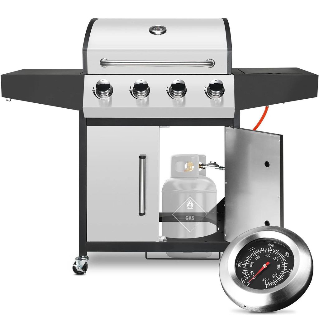 Gasgrill 4+1 Brenner - BBQ Grillwagen - Große Grillfläche - Seitenbrenner 52.000 BTU - Erdgas - Edelstahl - Silber