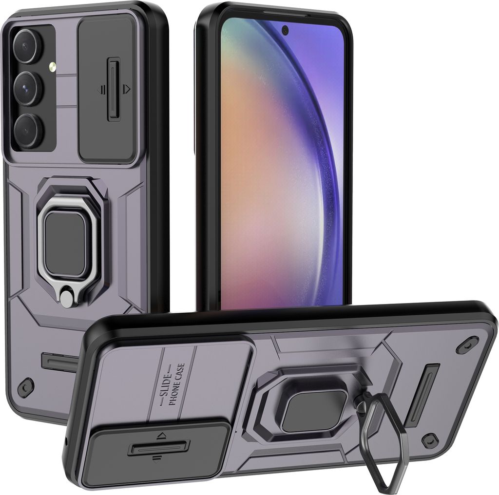 Hülle für Samsung Galaxy A55 Dual Layer Handyhülle Schiebe Kamera Schutz und Ringhalter Ständer Lila