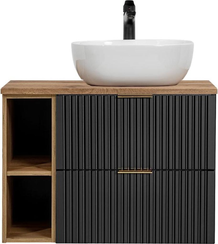 Badezimmerschrank 80 Cm Schwarz Matt Mit Arbeitsplatte In Eiche Und Aufsatzwaschbecken