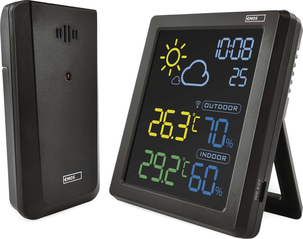 EMOS Funk Wetterstation mit VA-Farbdisplay und drahtlosem Außensensor, Wettervorhersage, Uhr, Wecker, Comfort View, 1,5m USB Kabel, schwarz, E8647N