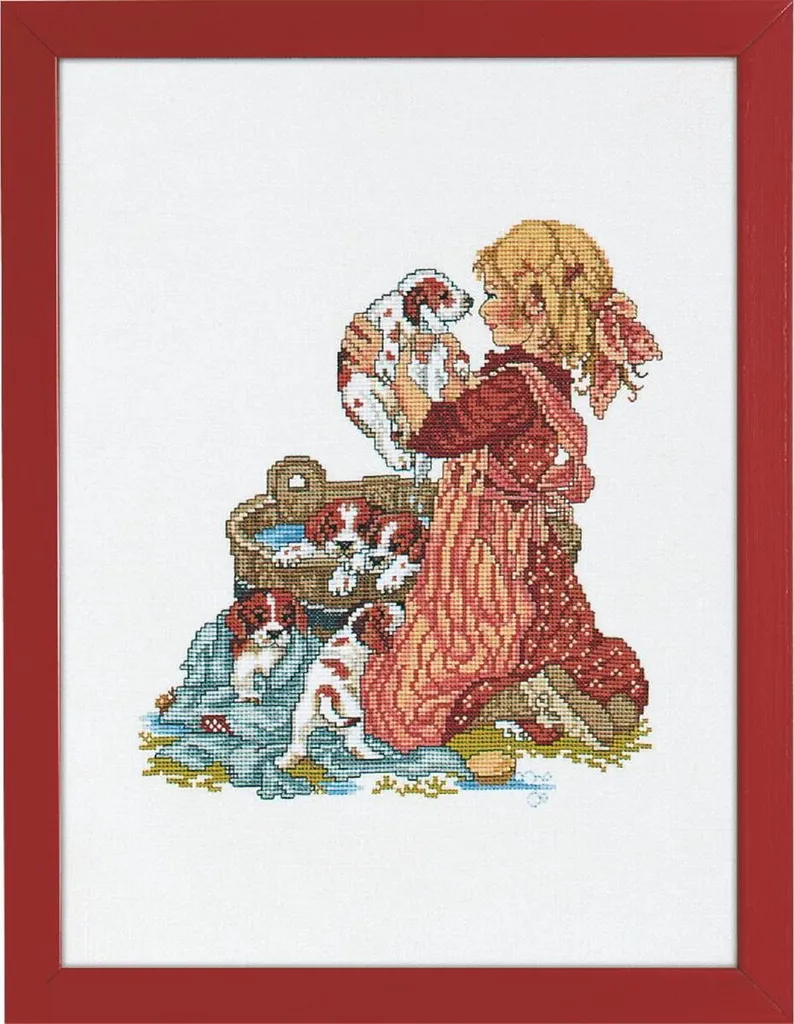 Kit Broderie Eva Rosenstand Fille avec Chiot Dessin Détaillé 30x40cm