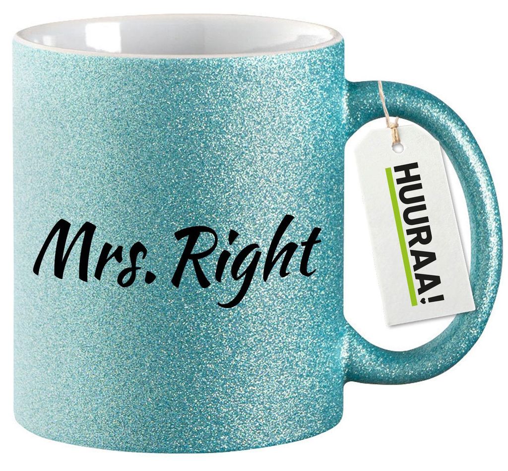 Huuraa Glitzertasse Mrs. Right Schriftzug 330ml Blau Keramik Kaffeebecher Geschenkidee