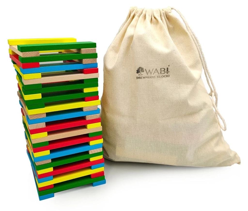 WABI Planks Holzbausteine 12 cm – 200-teiliges Set, bunte Holzleisten aus Buchenholz mit Leinenbeutel, pädagogisches Konstruktionsspielzeug ab 3...