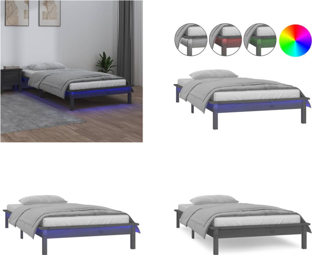 vidaXL Massivholzbett mit LEDs Grau 100x200 cm - Bettgestell - Bettgestelle - Bettrahmen - Schlafzimmerbett